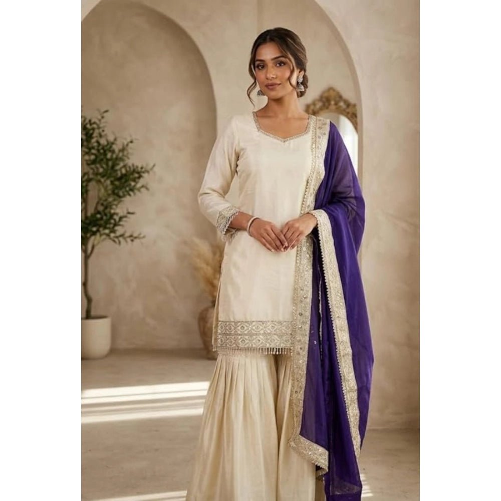 Silk Embroidered 3/4th Sleeve V-Neck Kurti With Sharara Pant and Dupatta Set (Cream & Purple)
