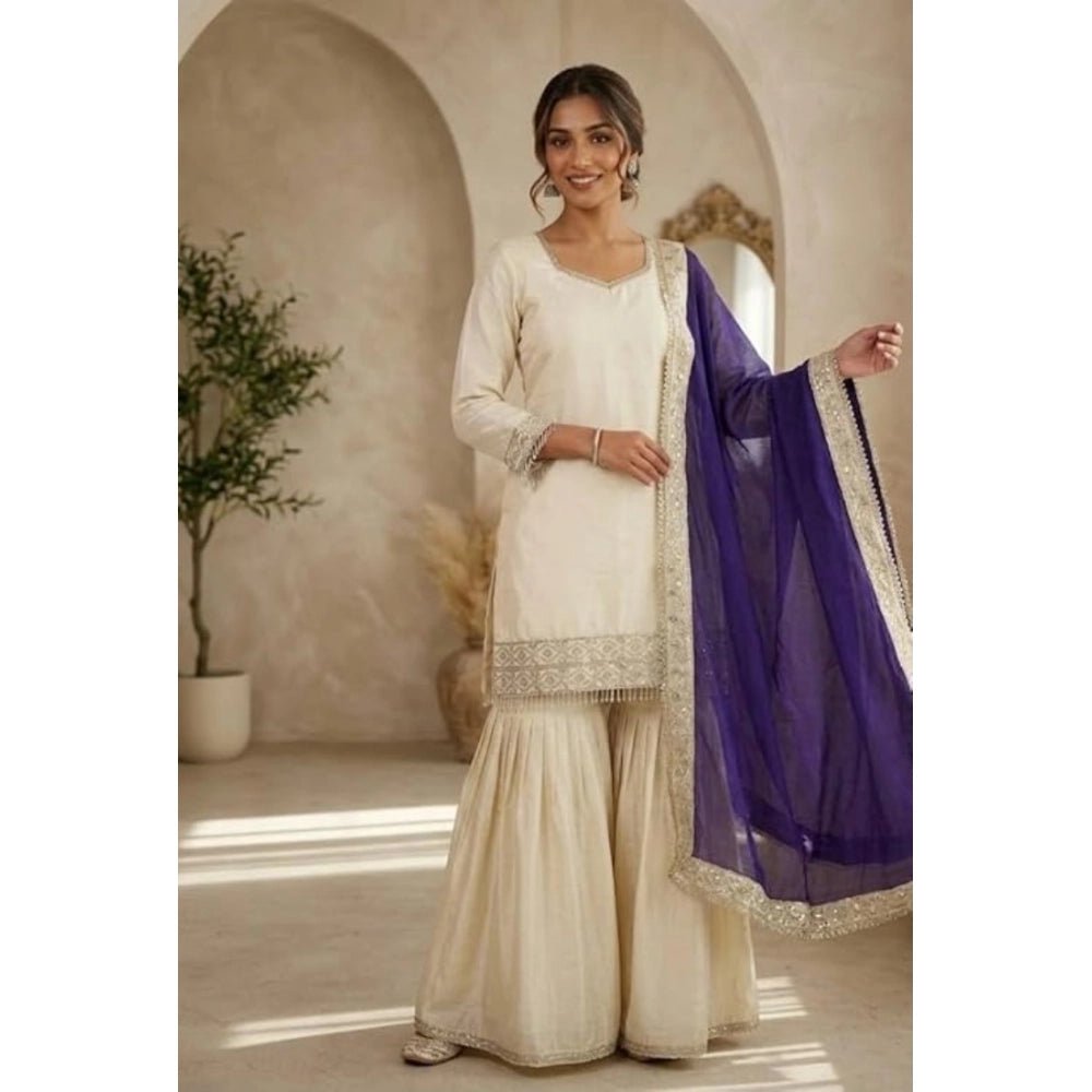 Silk Embroidered 3/4th Sleeve V-Neck Kurti With Sharara Pant and Dupatta Set (Cream & Purple) - Image 3