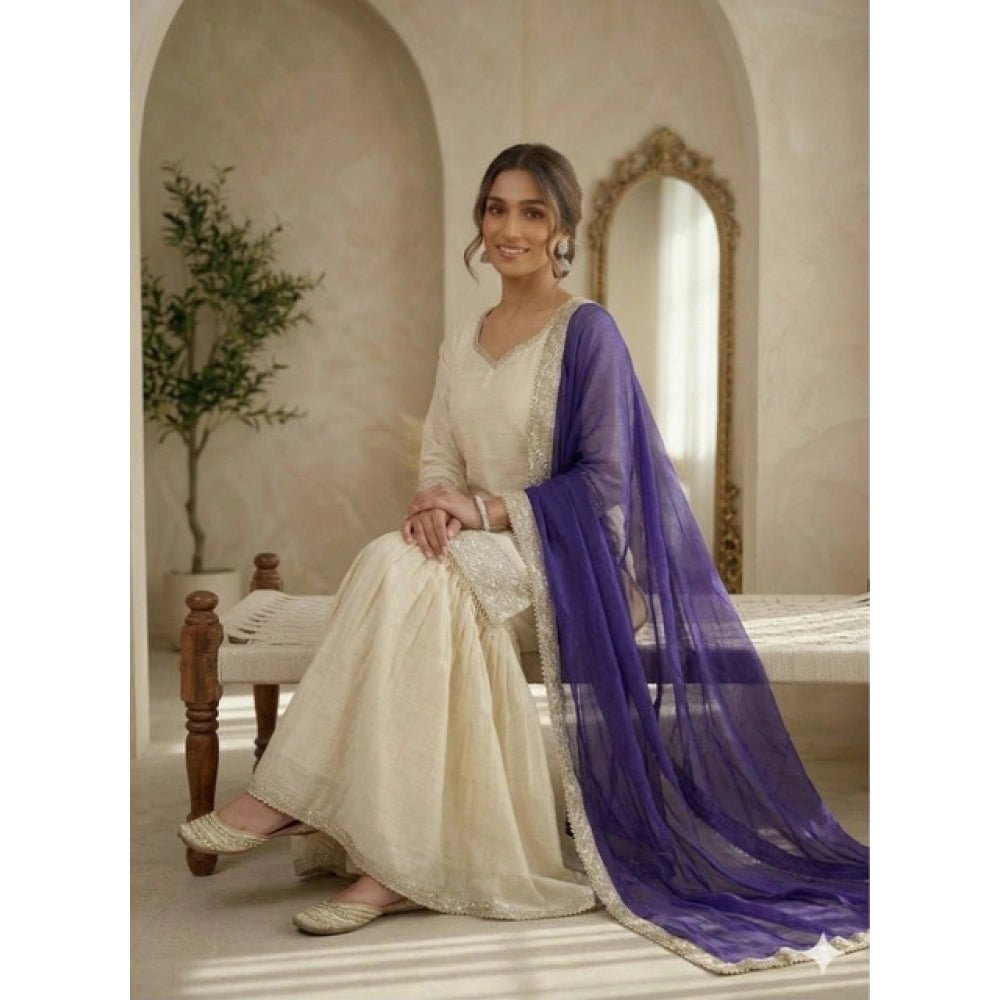 Silk Embroidered 3/4th Sleeve V-Neck Kurti With Sharara Pant and Dupatta Set (Cream & Purple) - Image 4
