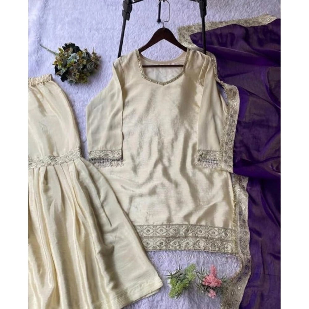 Silk Embroidered 3/4th Sleeve V-Neck Kurti With Sharara Pant and Dupatta Set (Cream & Purple) - Image 5