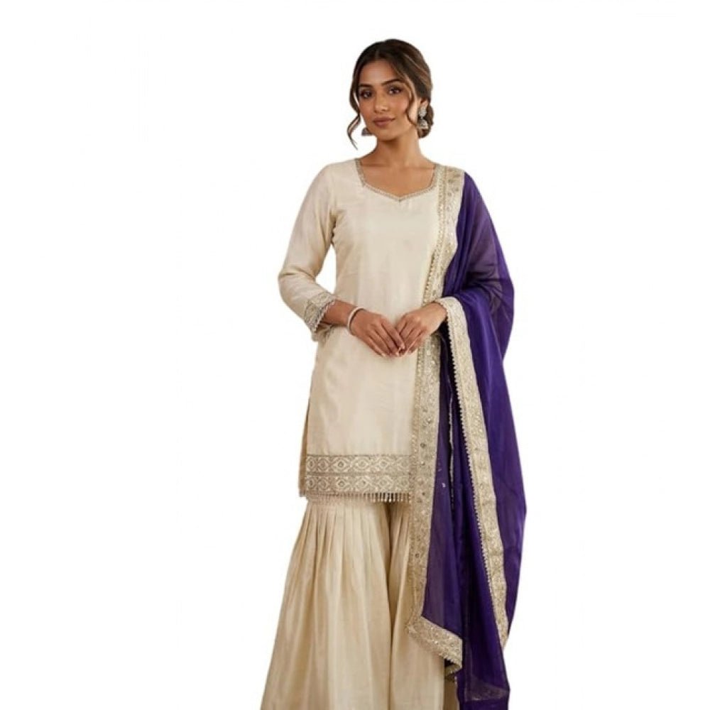 Silk Embroidered 3/4th Sleeve V-Neck Kurti With Sharara Pant and Dupatta Set (Cream & Purple) - Image 2