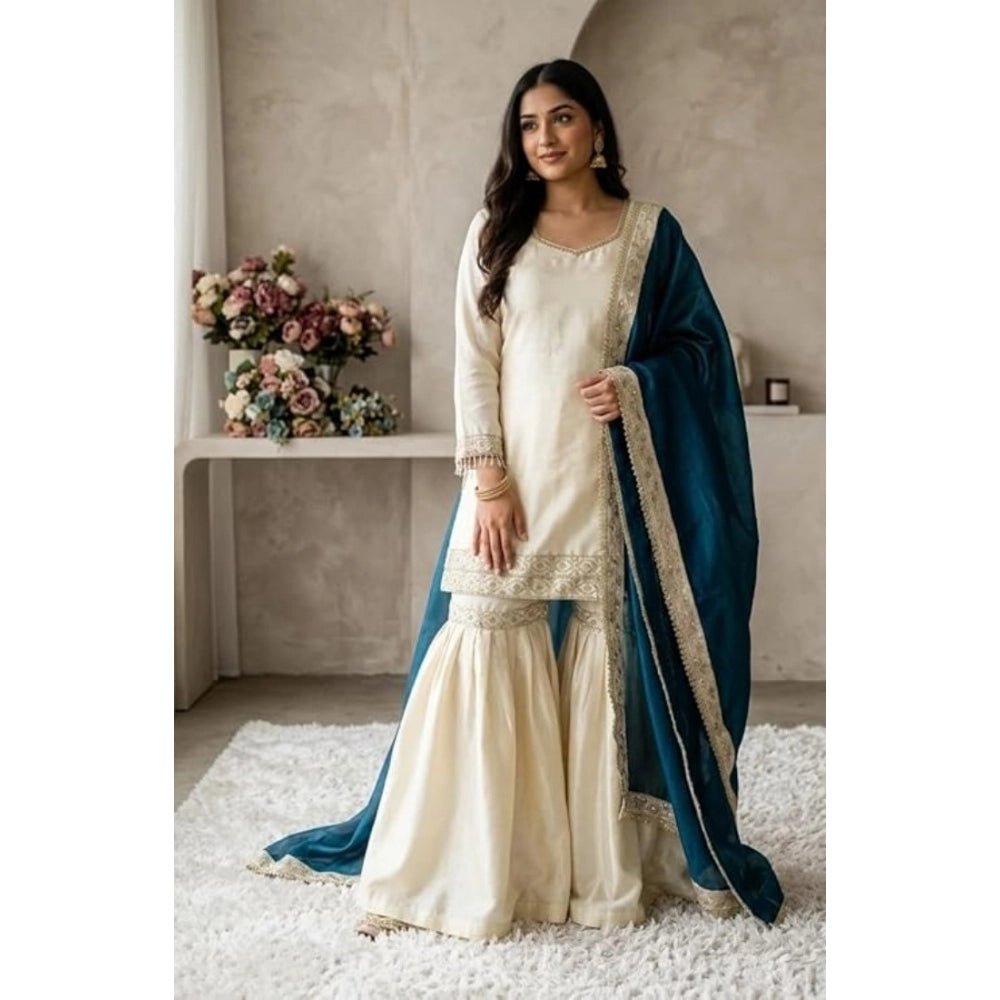 Silk Embroidered 3/4th Sleeve V-Neck Kurti With Sharara Pant and Dupatta Set (Cream & Teal)