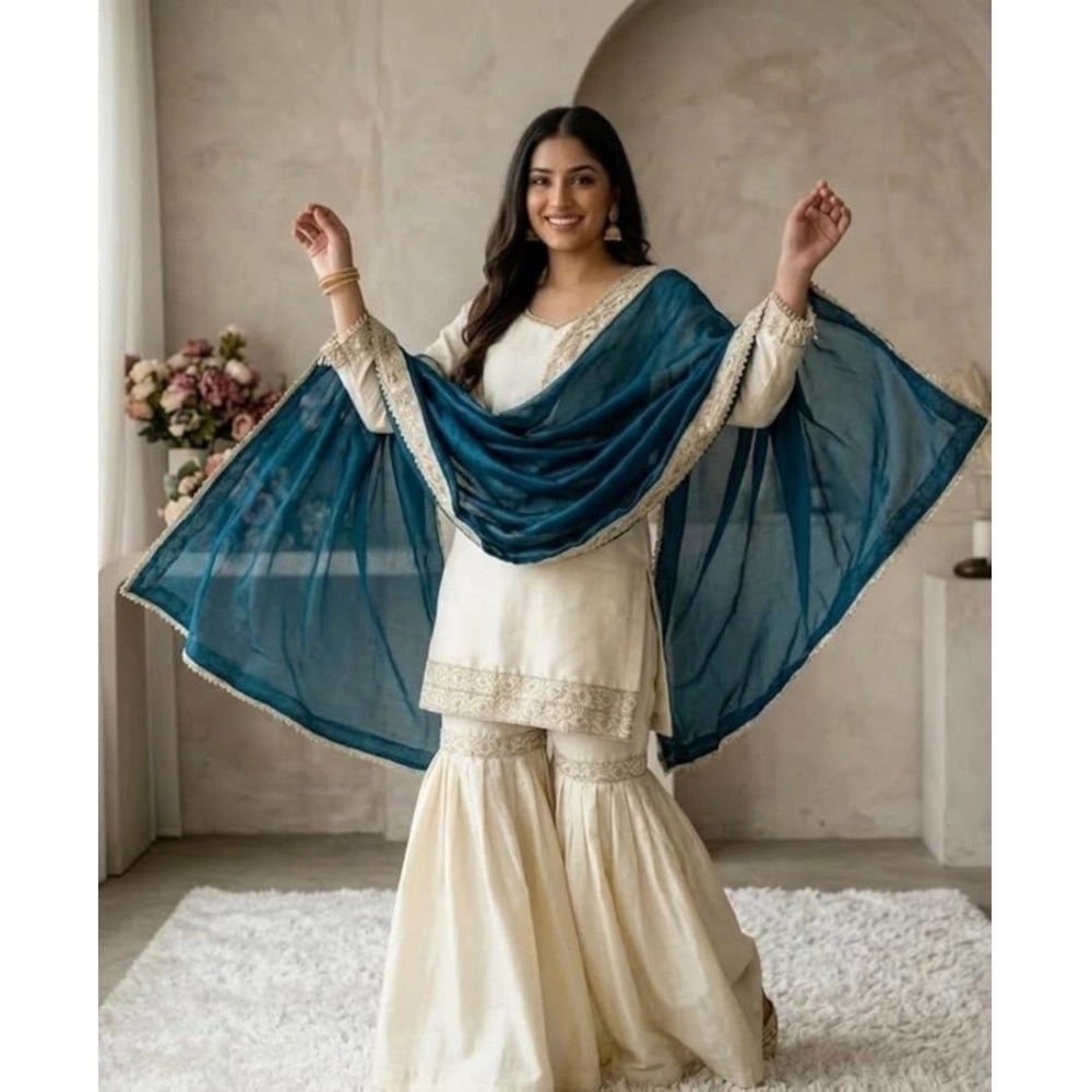 Silk Embroidered 3/4th Sleeve V-Neck Kurti With Sharara Pant and Dupatta Set (Cream & Teal) - Image 3