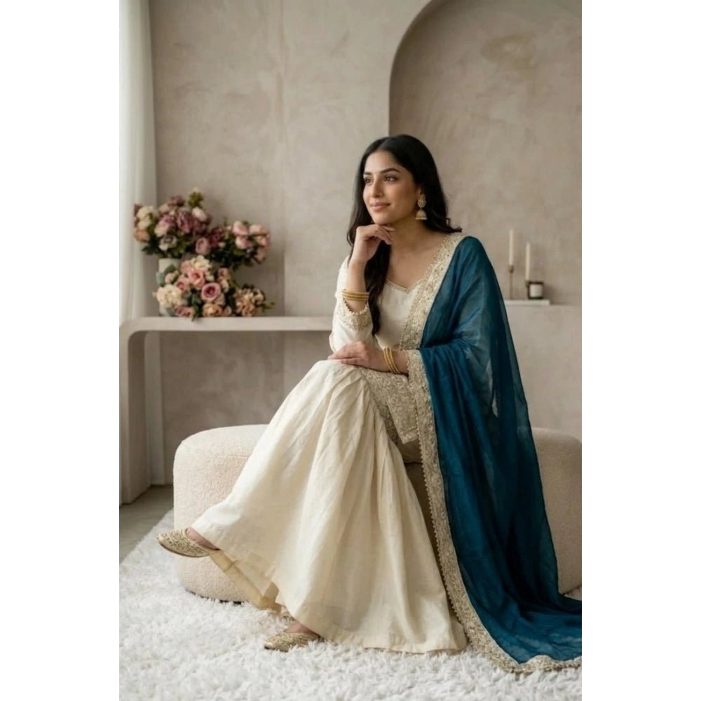 Silk Embroidered 3/4th Sleeve V-Neck Kurti With Sharara Pant and Dupatta Set (Cream & Teal) - Image 4