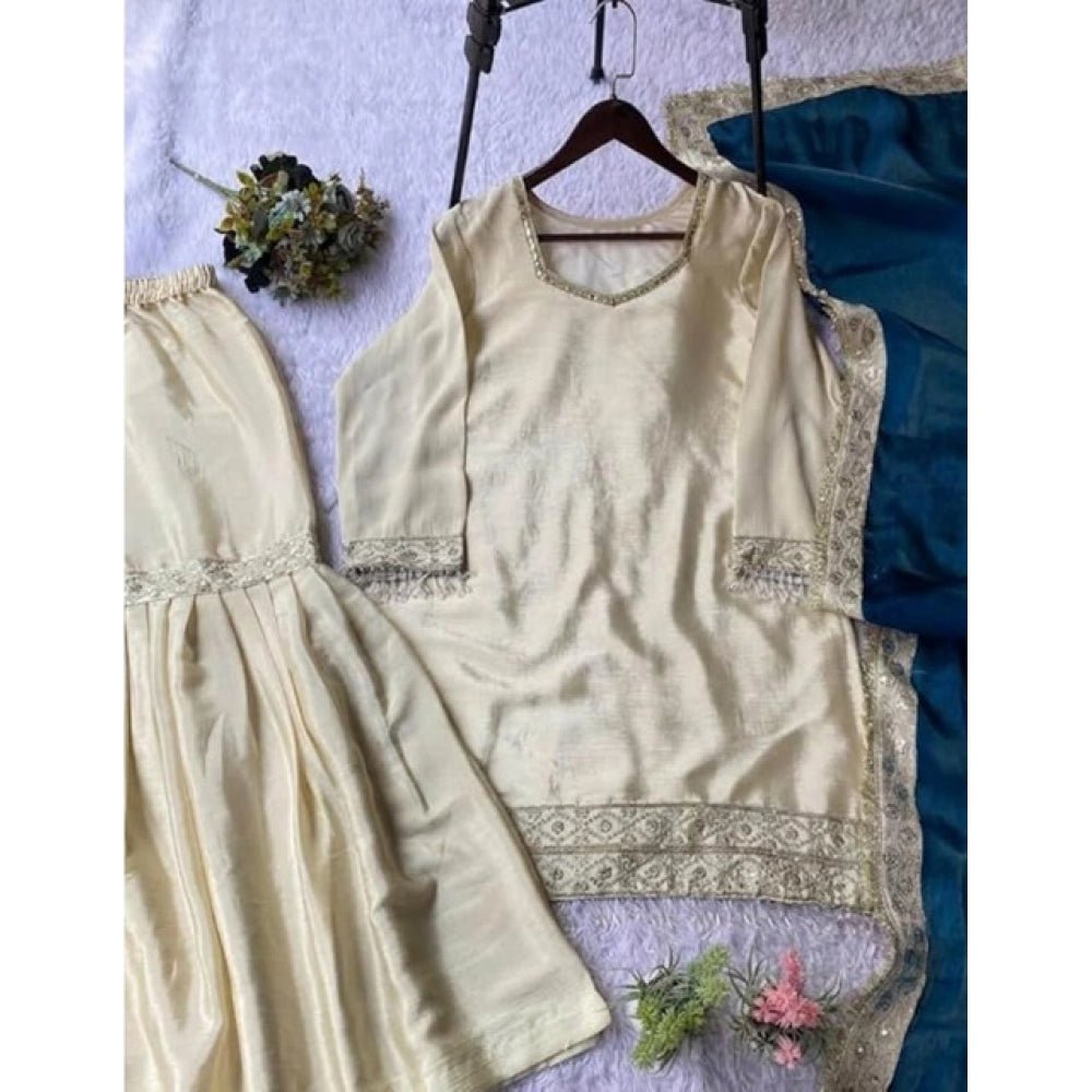 Silk Embroidered 3/4th Sleeve V-Neck Kurti With Sharara Pant and Dupatta Set (Cream & Teal) - Image 5