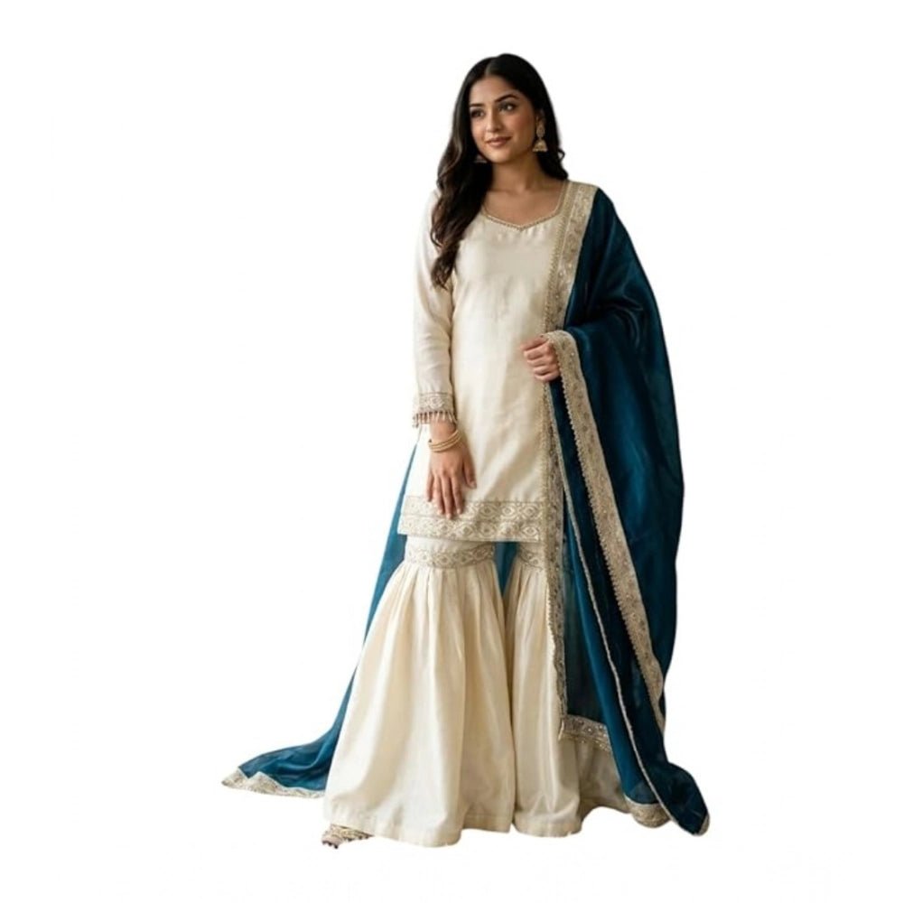 Silk Embroidered 3/4th Sleeve V-Neck Kurti With Sharara Pant and Dupatta Set (Cream & Teal) - Image 2
