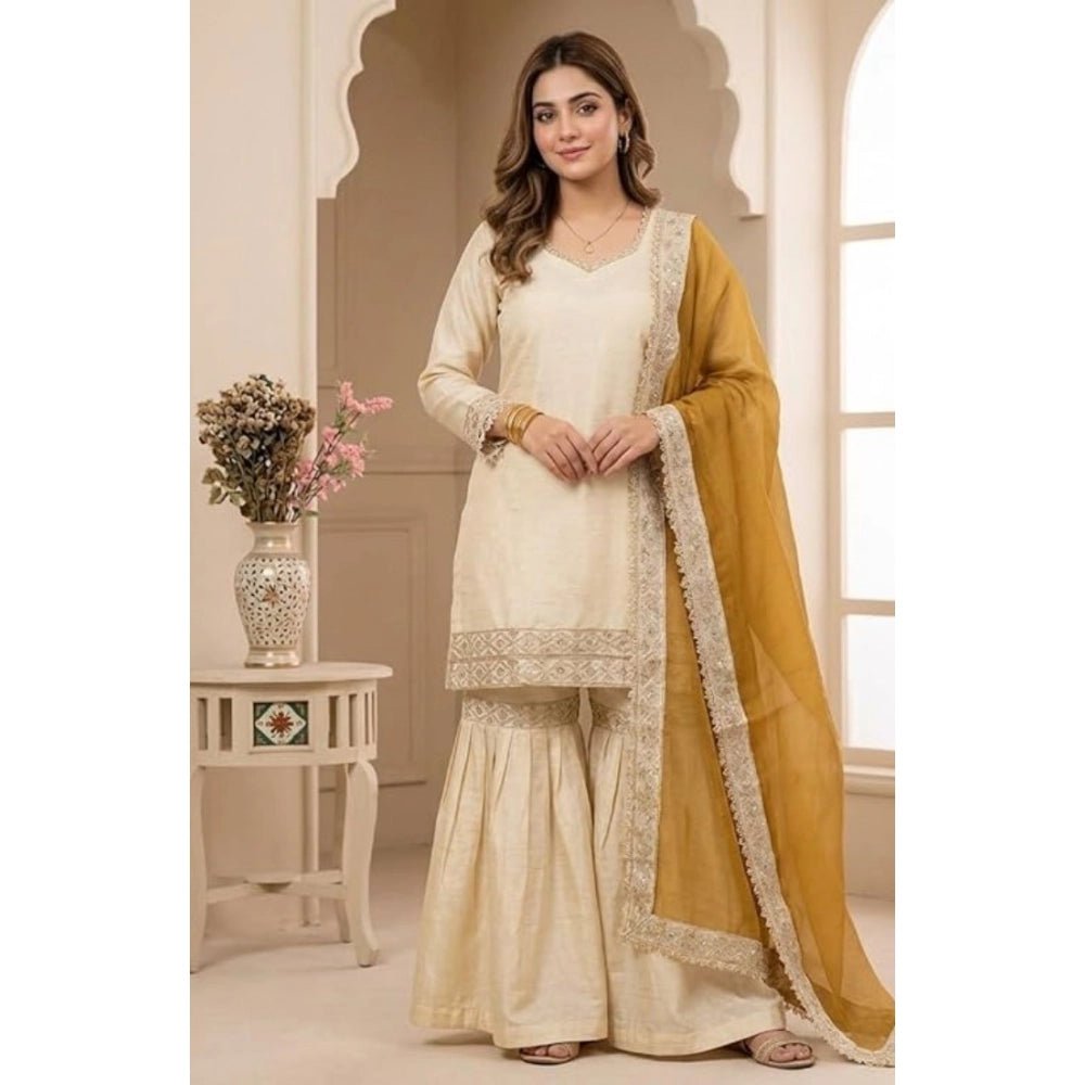 Silk Embroidered 3/4th Sleeve V-Neck Kurti With Sharara Pant and Dupatta Set (Cream & Yellow)