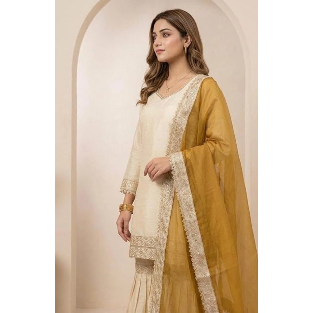 Silk Embroidered 3/4th Sleeve V-Neck Kurti With Sharara Pant and Dupatta Set (Cream & Yellow) - Image 3