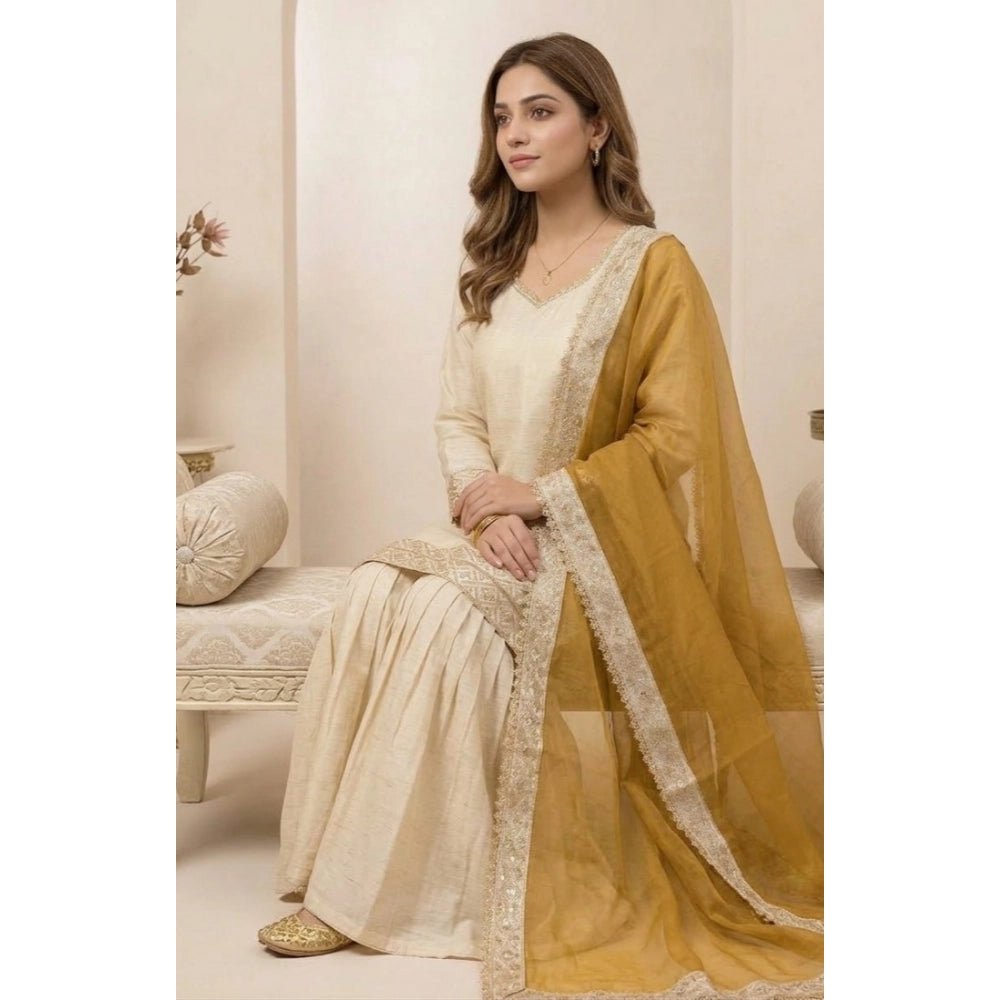 Silk Embroidered 3/4th Sleeve V-Neck Kurti With Sharara Pant and Dupatta Set (Cream & Yellow) - Image 4