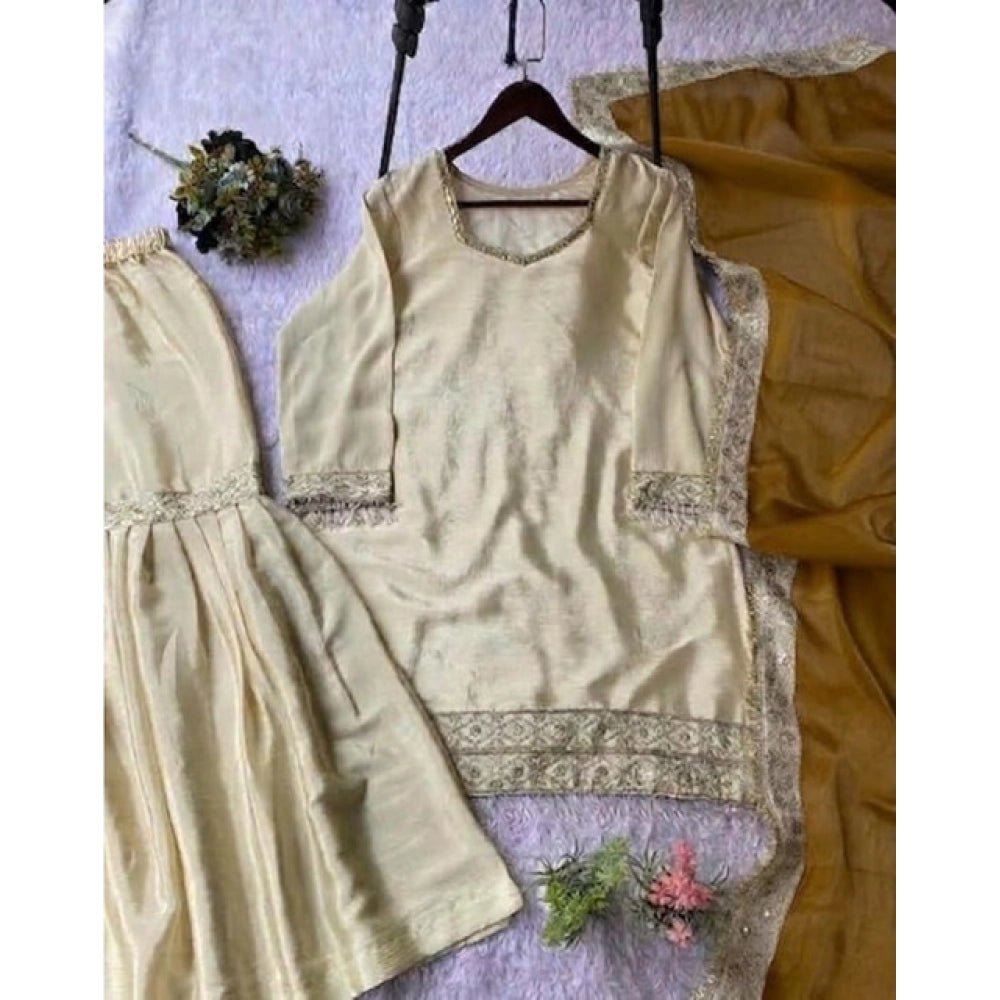 Silk Embroidered 3/4th Sleeve V-Neck Kurti With Sharara Pant and Dupatta Set (Cream & Yellow) - Image 5