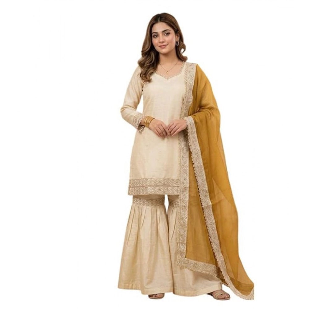 Silk Embroidered 3/4th Sleeve V-Neck Kurti With Sharara Pant and Dupatta Set (Cream & Yellow) - Image 2