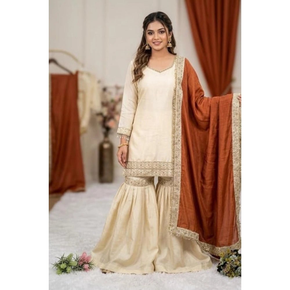 Silk Embroidered 3/4th Sleeve V-Neck Kurti With Sharara Pant and Dupatta Set (Cream & Orange)