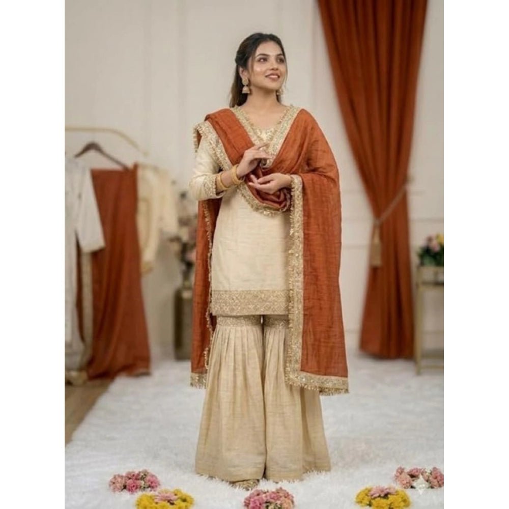 Silk Embroidered 3/4th Sleeve V-Neck Kurti With Sharara Pant and Dupatta Set (Cream & Orange) - Image 3
