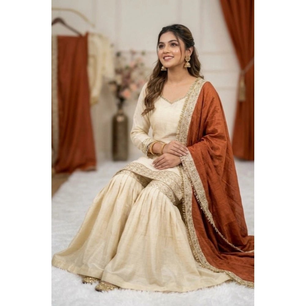 Silk Embroidered 3/4th Sleeve V-Neck Kurti With Sharara Pant and Dupatta Set (Cream & Orange) - Image 4