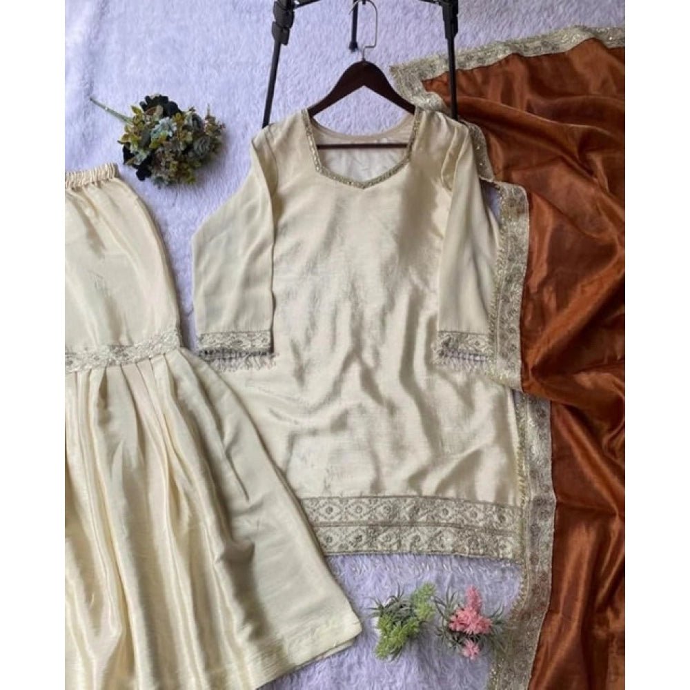 Silk Embroidered 3/4th Sleeve V-Neck Kurti With Sharara Pant and Dupatta Set (Cream & Orange) - Image 5