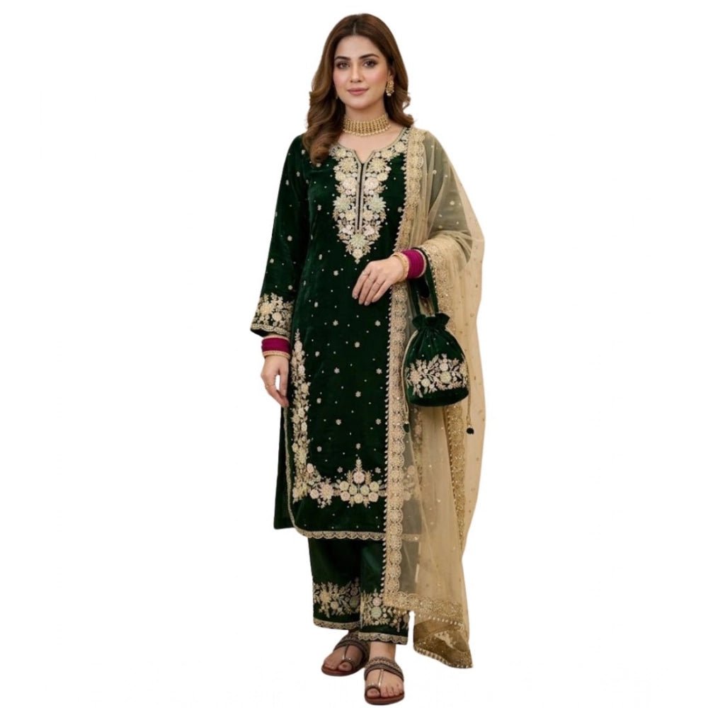 Silk Embroidered 3/4th Sleeve Round Kurti With Palazzo Pant and Dupatta Set (Dark Green) - Image 2