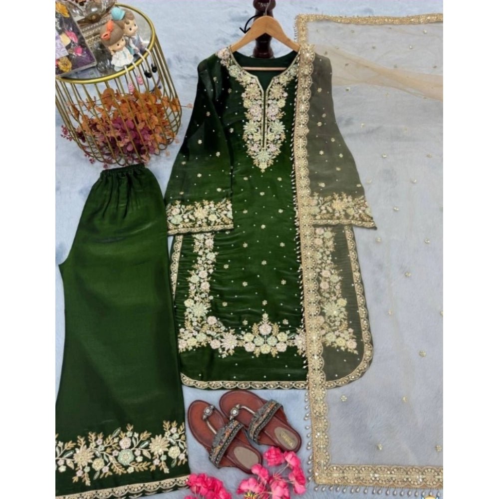 Silk Embroidered 3/4th Sleeve Round Kurti With Palazzo Pant and Dupatta Set (Dark Green) - Image 5