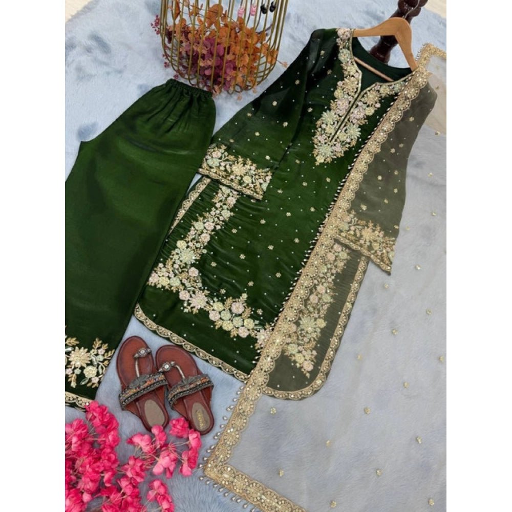 Silk Embroidered 3/4th Sleeve Round Kurti With Palazzo Pant and Dupatta Set (Dark Green) - Image 4