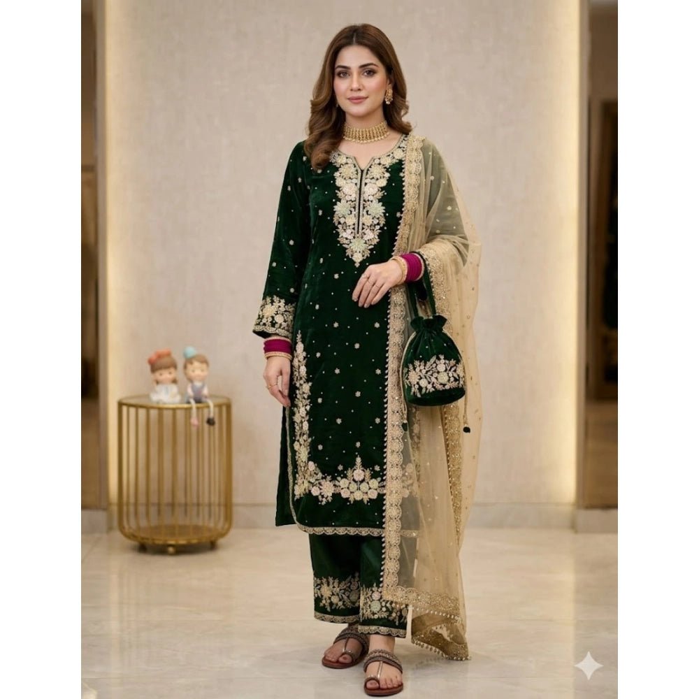 Silk Embroidered 3/4th Sleeve Round Kurti With Palazzo Pant and Dupatta Set (Dark Green)