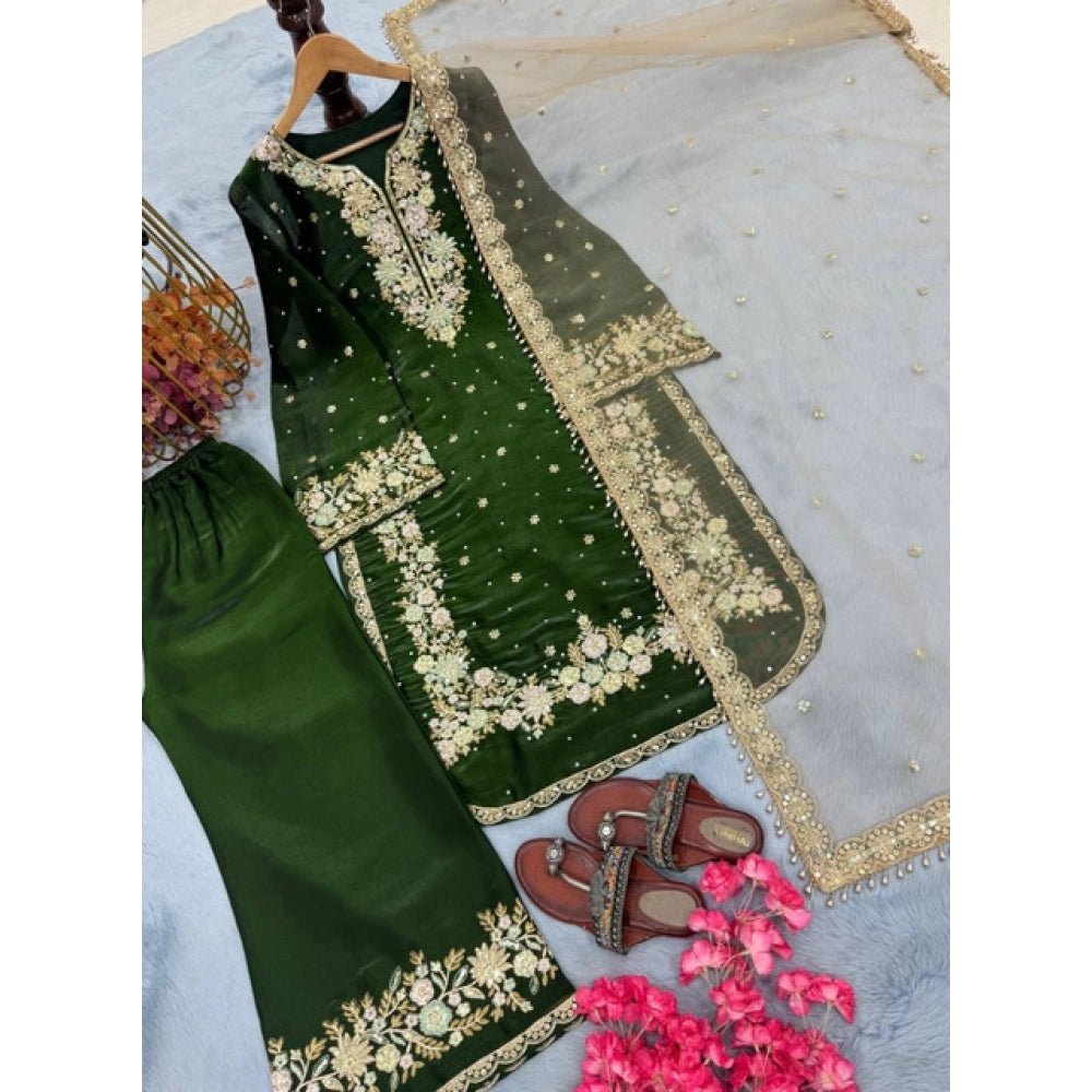 Silk Embroidered 3/4th Sleeve Round Kurti With Palazzo Pant and Dupatta Set (Dark Green) - Image 3
