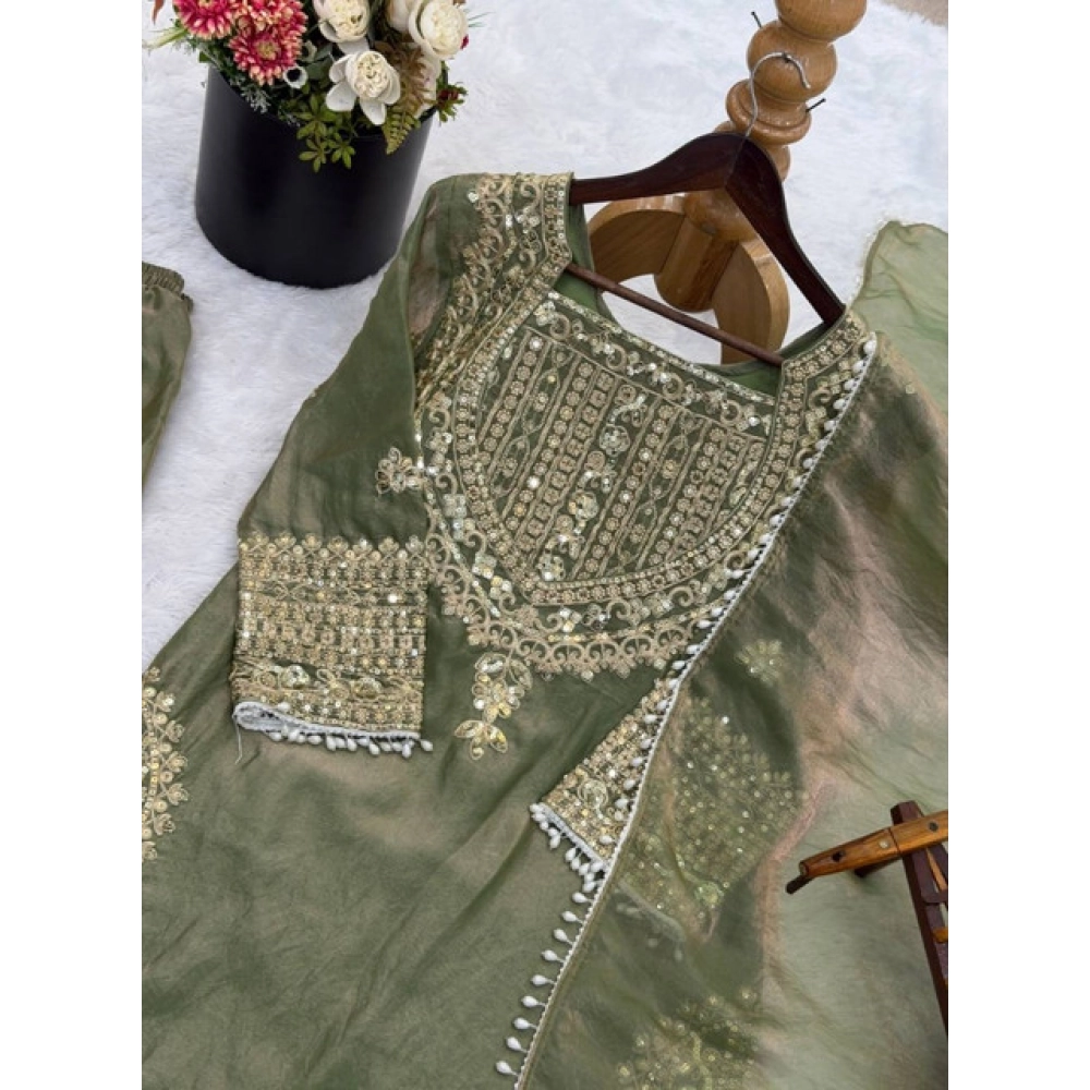 Generic Women's Silk Embroidered 3/4th Sleeve Round Kurti With Sharara Pant and Dupatta Set (Green) - Image 5