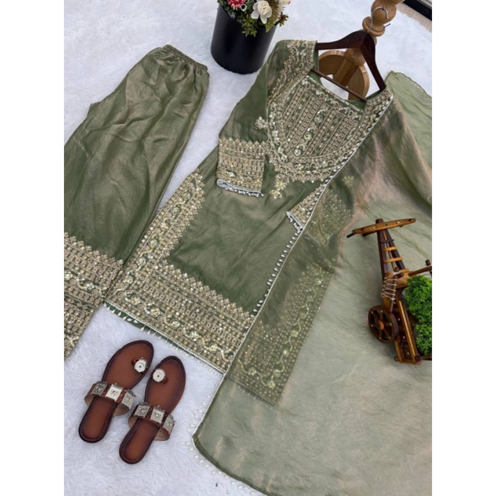 Generic Women's Silk Embroidered 3/4th Sleeve Round Kurti With Sharara Pant and Dupatta Set (Green) - Image 6