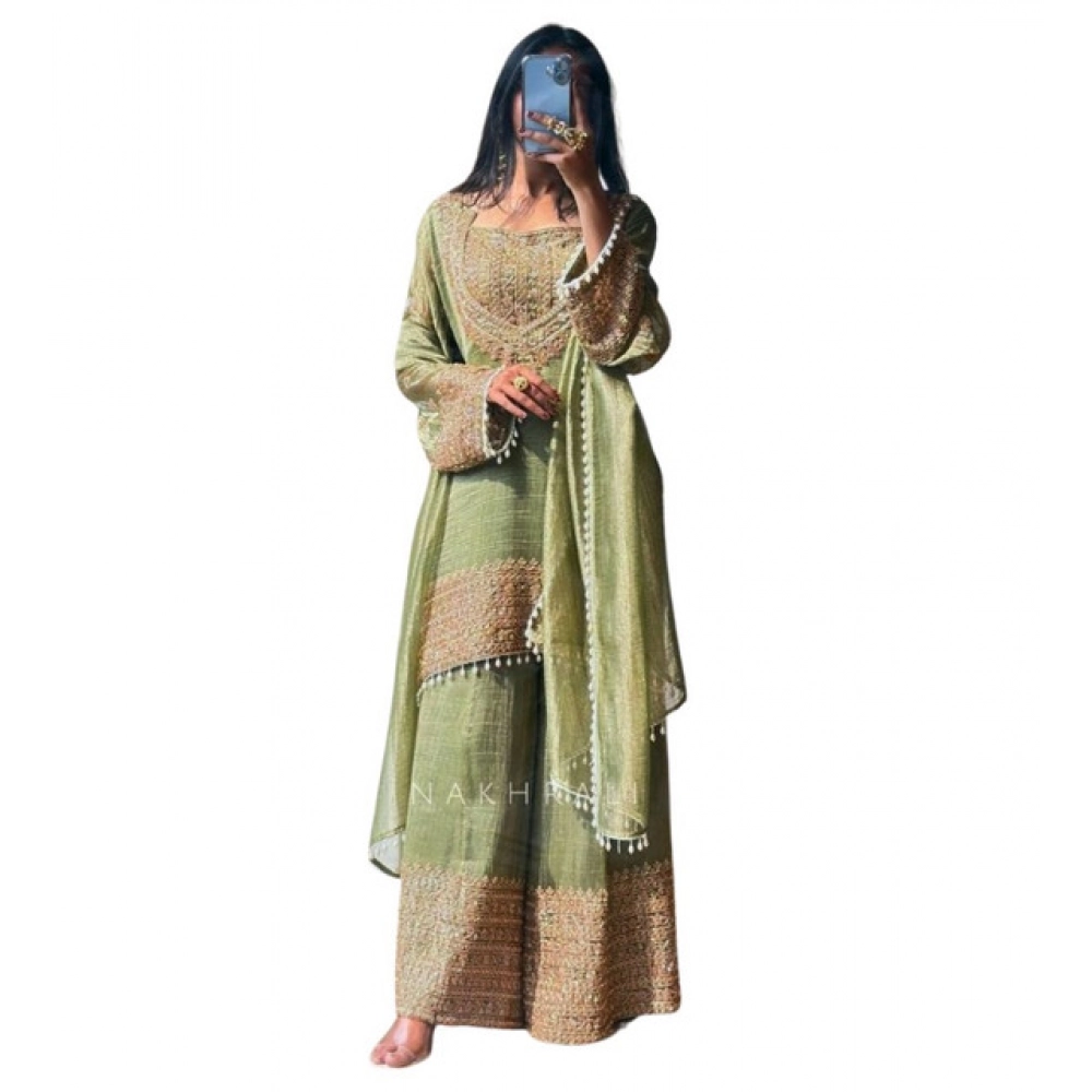 Generic Women's Silk Embroidered 3/4th Sleeve Round Kurti With Sharara Pant and Dupatta Set (Green) - Image 3