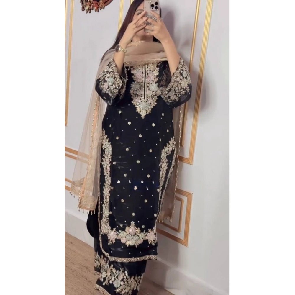 Silk Embroidered 3/4th Sleeve Round Readymade Kurti With Palazzo Pant and Dupatta Set (Black)