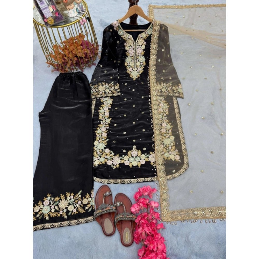 Silk Embroidered 3/4th Sleeve Round Readymade Kurti With Palazzo Pant and Dupatta Set (Black) - Image 4