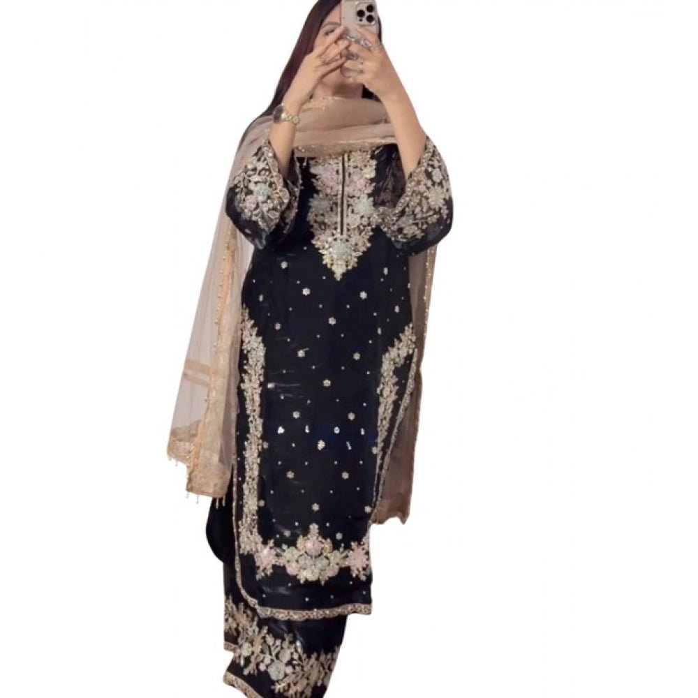 Silk Embroidered 3/4th Sleeve Round Readymade Kurti With Palazzo Pant and Dupatta Set (Black) - Image 2