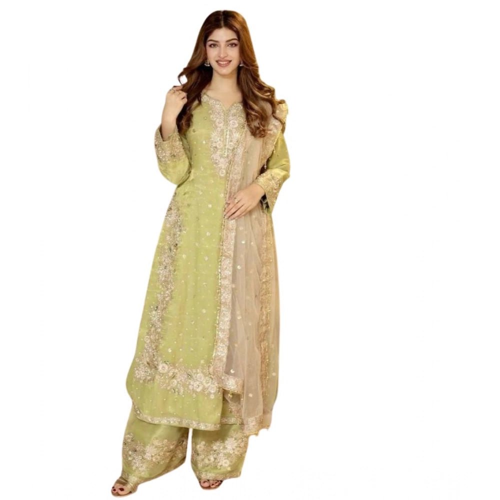 Silk Embroidered 3/4th Sleeve Round Readymade Kurti With Palazzo Pant and Dupatta Set (Pista) - Image 2
