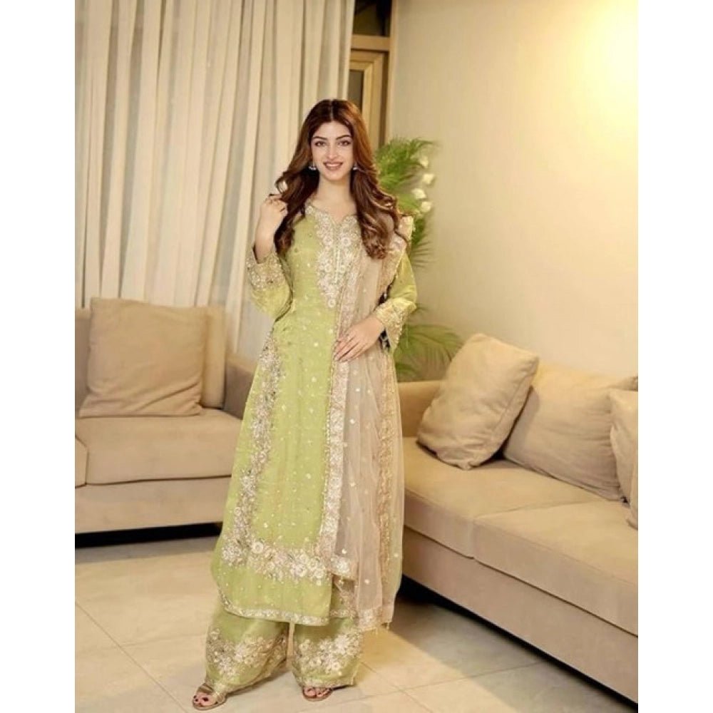 Silk Embroidered 3/4th Sleeve Round Readymade Kurti With Palazzo Pant and Dupatta Set (Pista) - Image 4