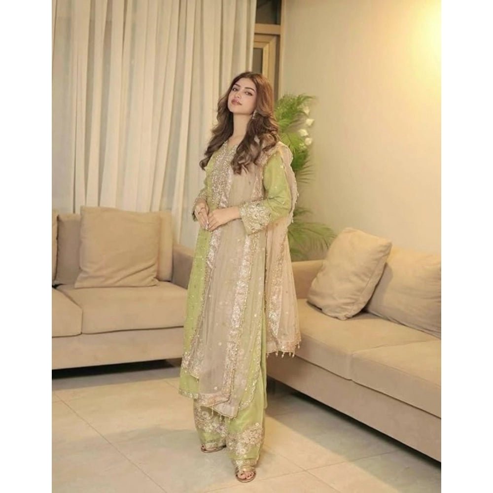 Silk Embroidered 3/4th Sleeve Round Readymade Kurti With Palazzo Pant and Dupatta Set (Pista) - Image 5