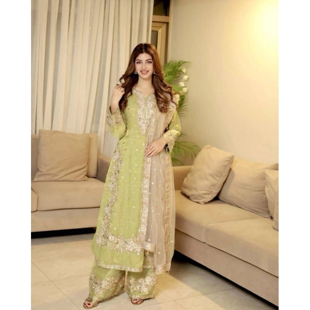 Silk Embroidered 3/4th Sleeve Round Readymade Kurti With Palazzo Pant and Dupatta Set (Pista)