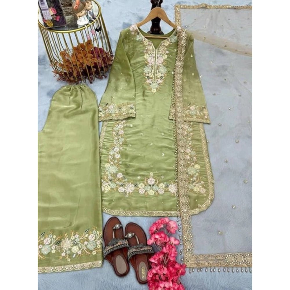 Silk Embroidered 3/4th Sleeve Round Readymade Kurti With Palazzo Pant and Dupatta Set (Pista) - Image 3