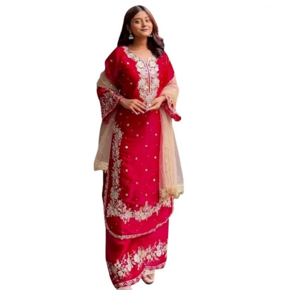 Silk Embroidered 3/4th Sleeve Round Readymade Kurti With Palazzo Pant and Dupatta Set (Red) - Image 2