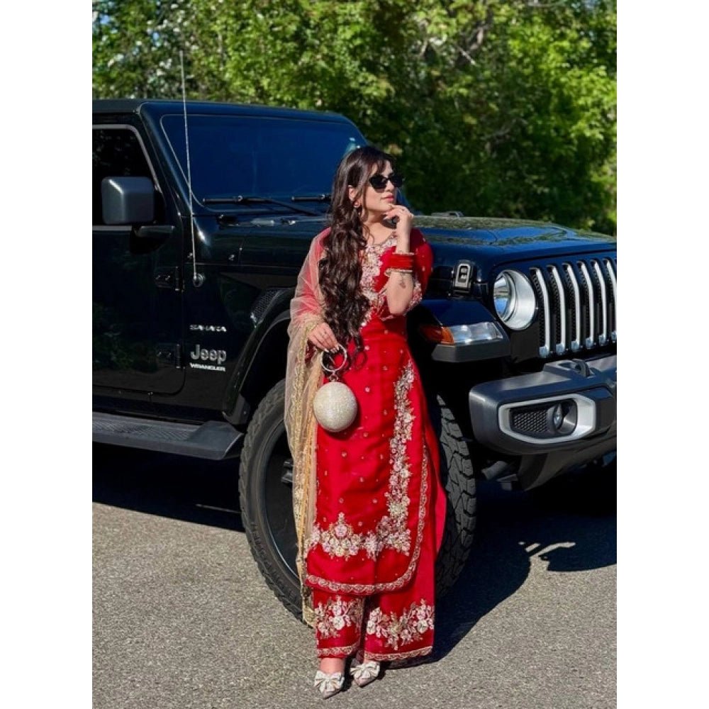 Silk Embroidered 3/4th Sleeve Round Readymade Kurti With Palazzo Pant and Dupatta Set (Red) - Image 4