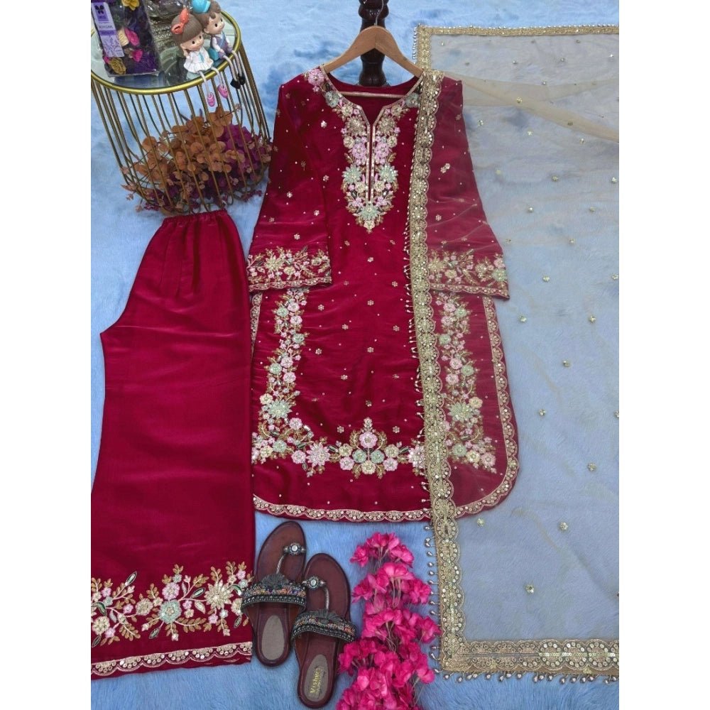 Silk Embroidered 3/4th Sleeve Round Readymade Kurti With Palazzo Pant and Dupatta Set (Red) - Image 5