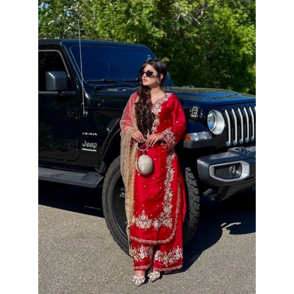Silk Embroidered 3/4th Sleeve Round Readymade Kurti With Palazzo Pant and Dupatta Set (Red) - Image 3