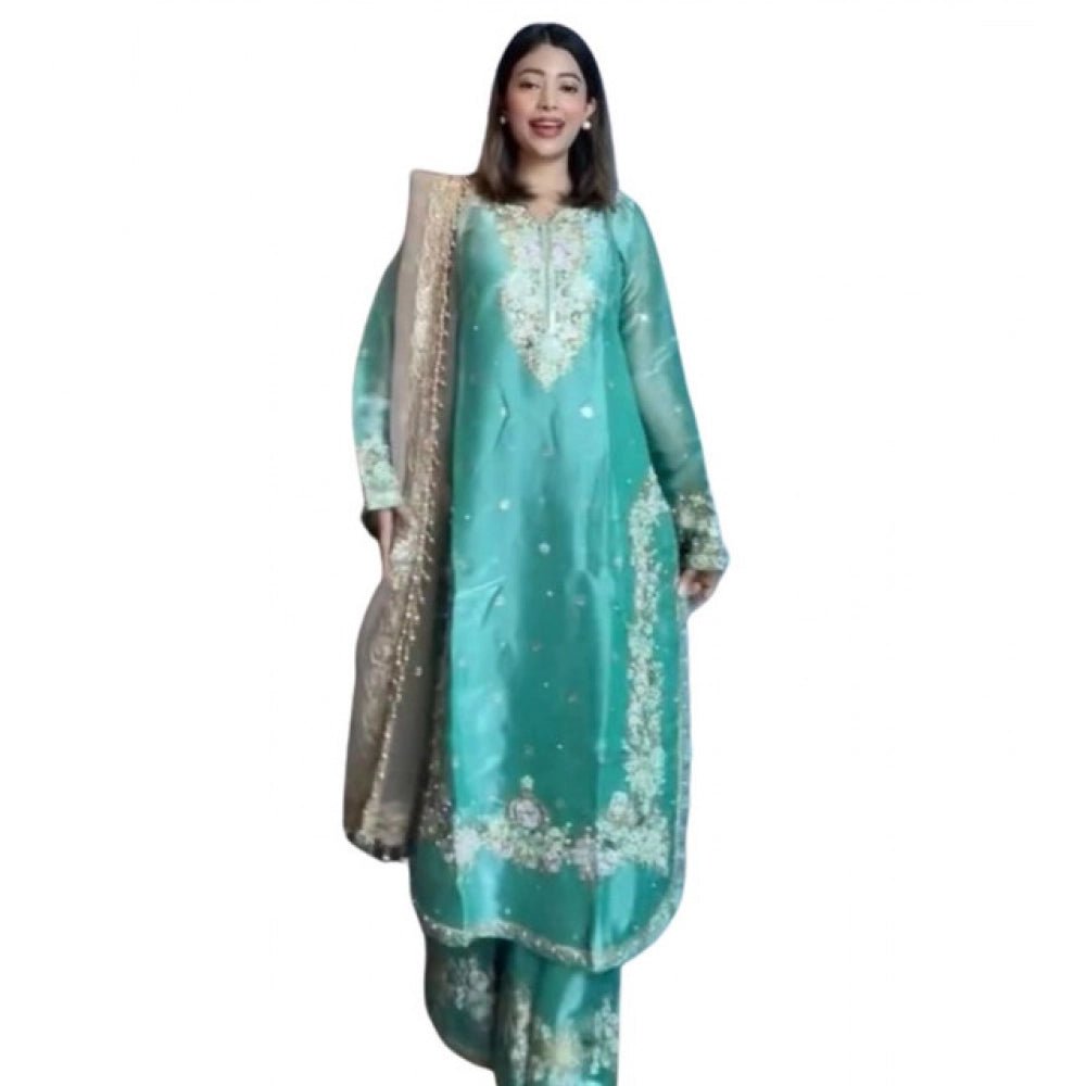 Silk Embroidered 3/4th Sleeve Round Readymade Kurti With Palazzo Pant and Dupatta Set (Sea Green) - Image 2
