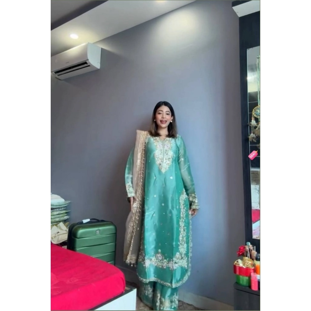 Generic Women's Silk Embroidered 3/4th Sleeve Round Readymade Kurti With Palazzo Pant and Dupatta Set (Sea Green) - Image 5