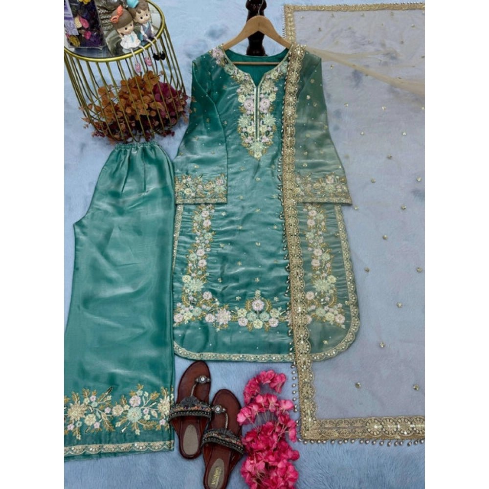 Silk Embroidered 3/4th Sleeve Round Readymade Kurti With Palazzo Pant and Dupatta Set (Sea Green) - Image 4