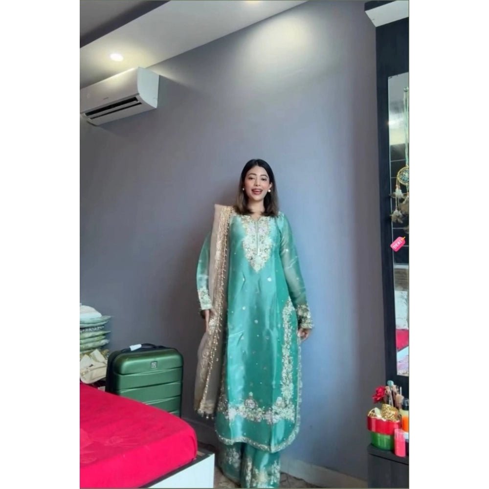 Silk Embroidered 3/4th Sleeve Round Readymade Kurti With Palazzo Pant and Dupatta Set (Sea Green) - Image 3