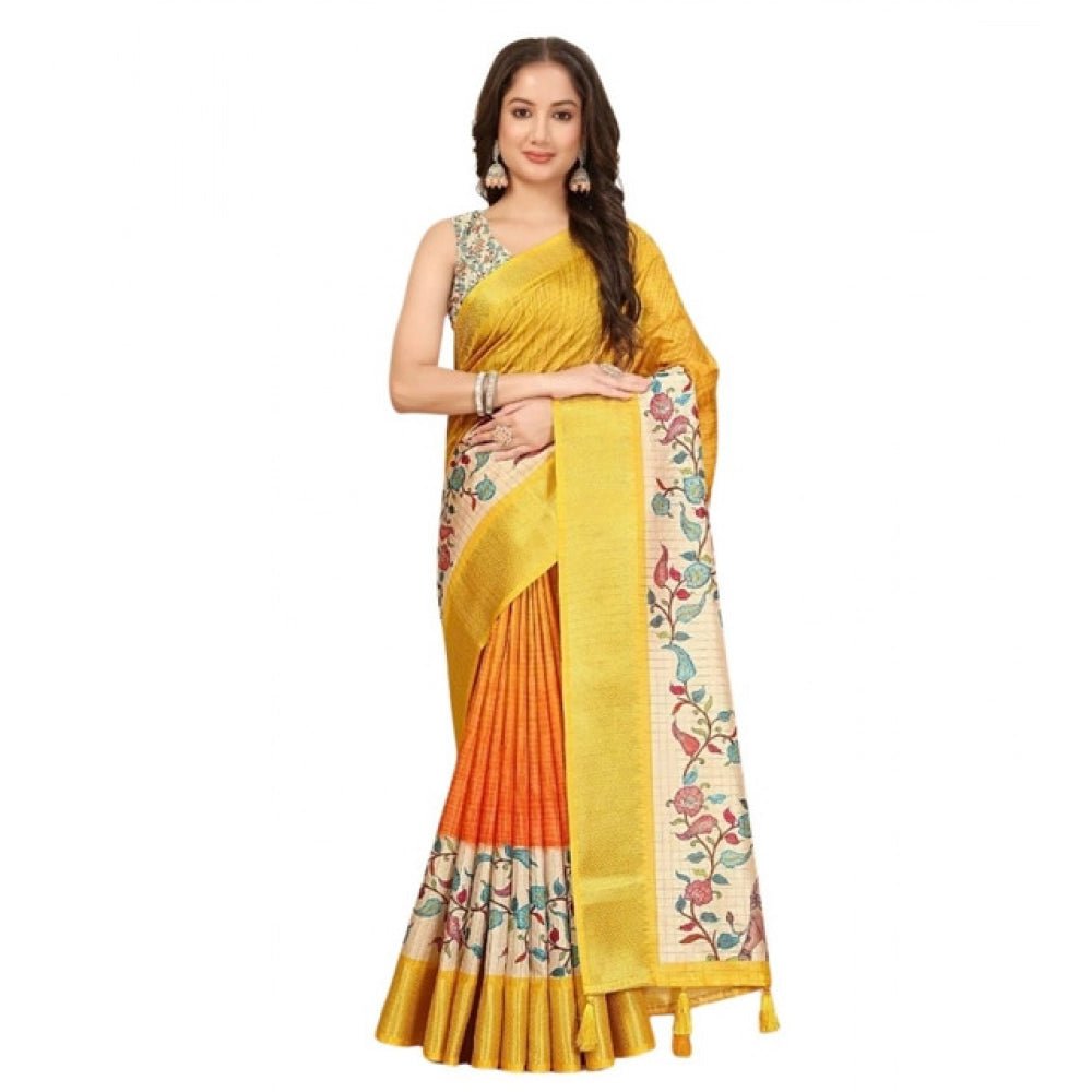 Floral Printed Saree With Unstitched Blouse 5.5Mtr (Lemon Yellow) - Image 2