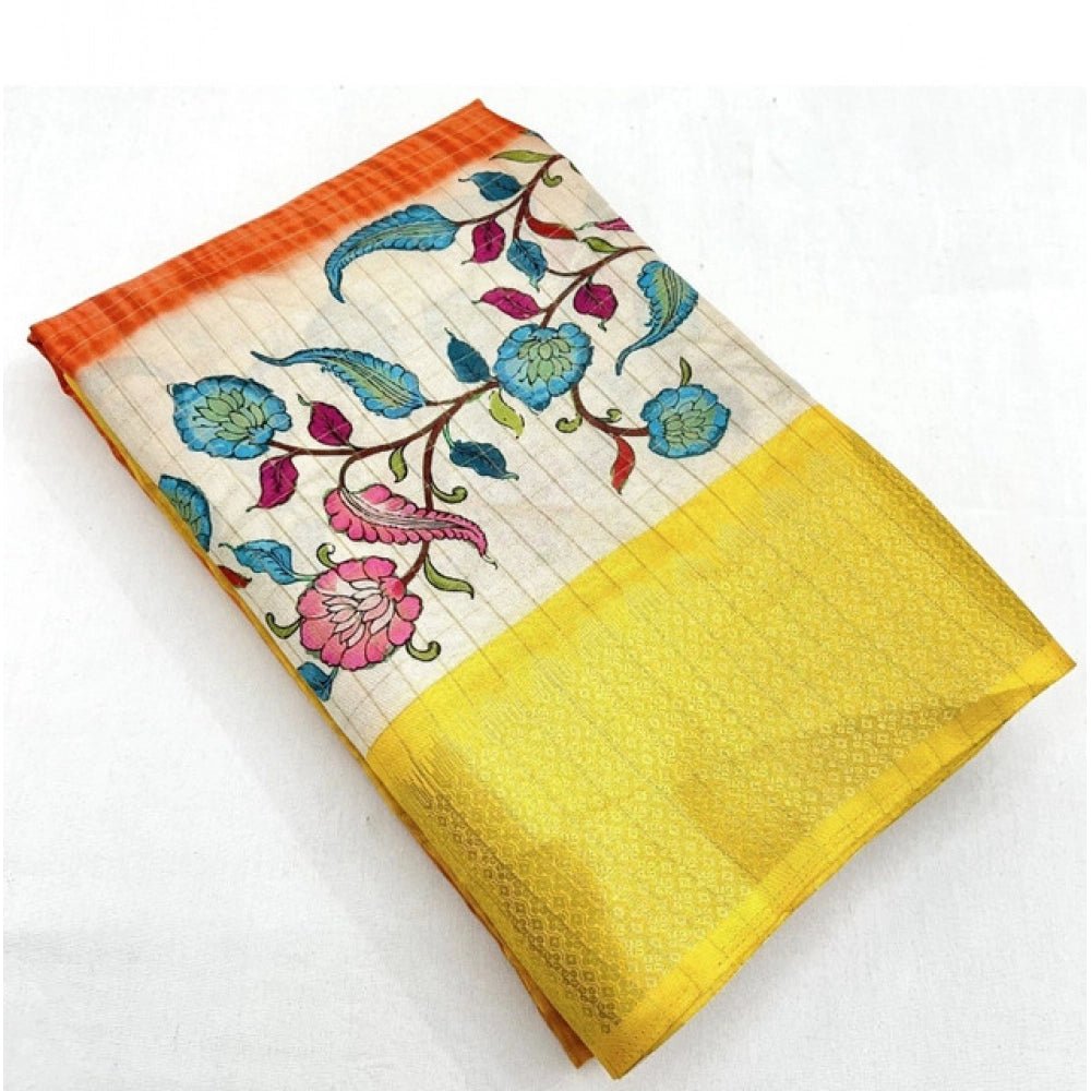 Floral Printed Saree With Unstitched Blouse 5.5Mtr (Lemon Yellow) - Image 3