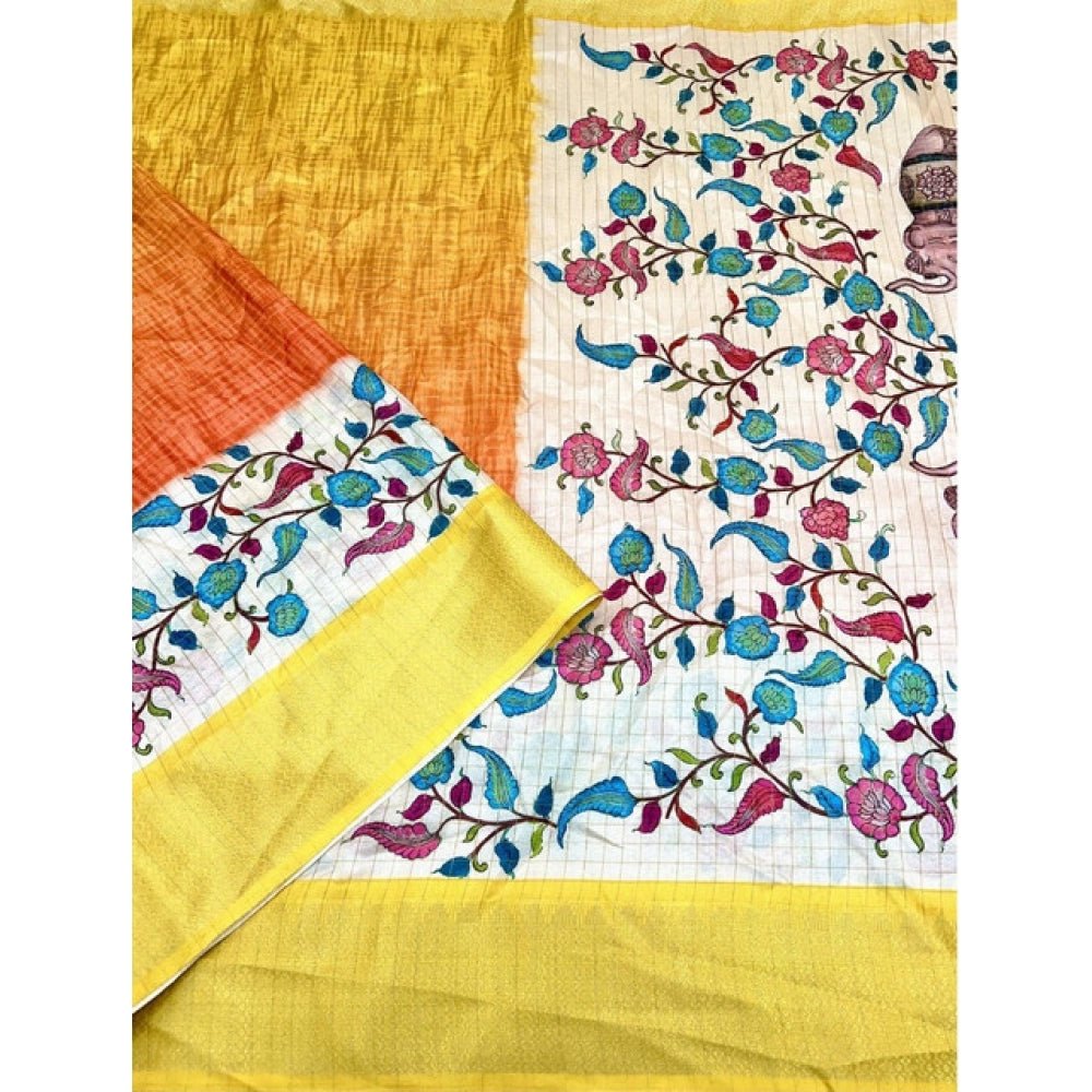 Floral Printed Saree With Unstitched Blouse 5.5Mtr (Lemon Yellow) - Image 4