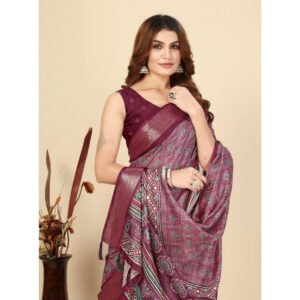 Printed Saree With Unstitched Blouse 5.5Mtr (Wine)