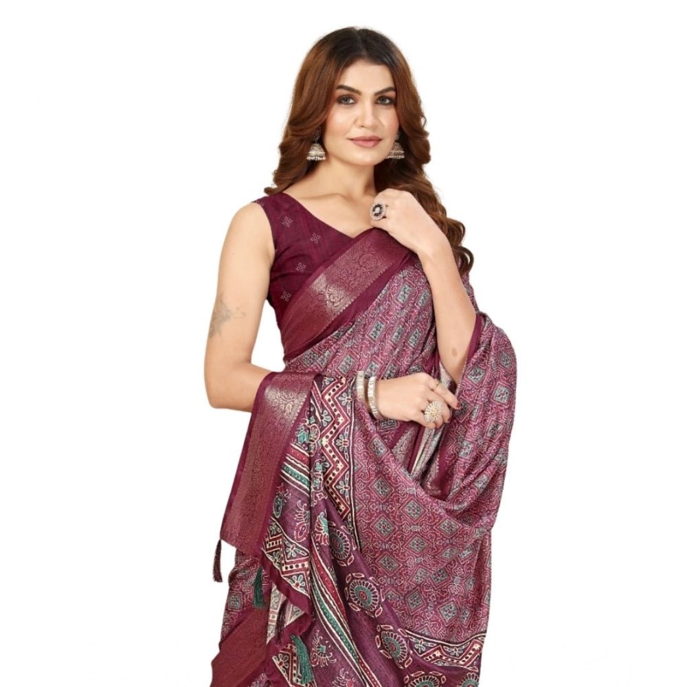 Printed Saree With Unstitched Blouse 5.5Mtr (Wine) - Image 2