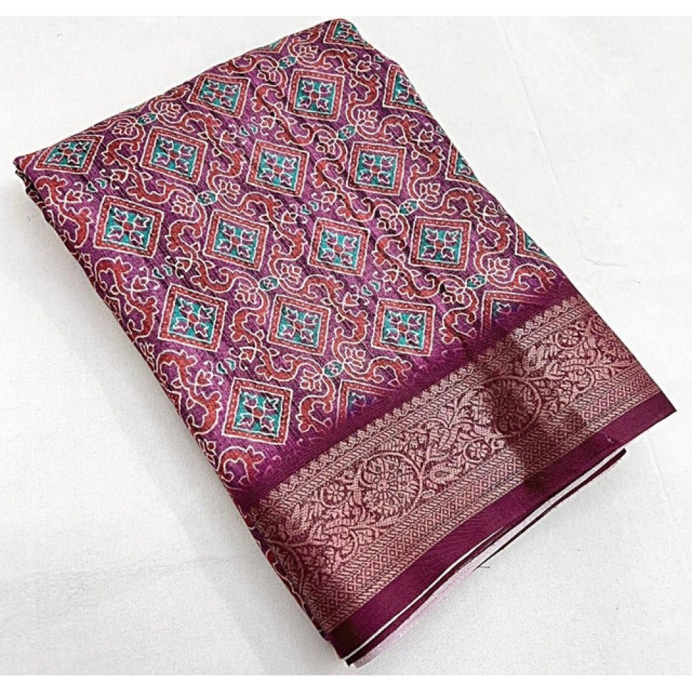 Printed Saree With Unstitched Blouse 5.5Mtr (Wine) - Image 3