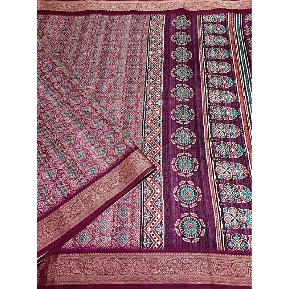 Printed Saree With Unstitched Blouse 5.5Mtr (Wine) - Image 4